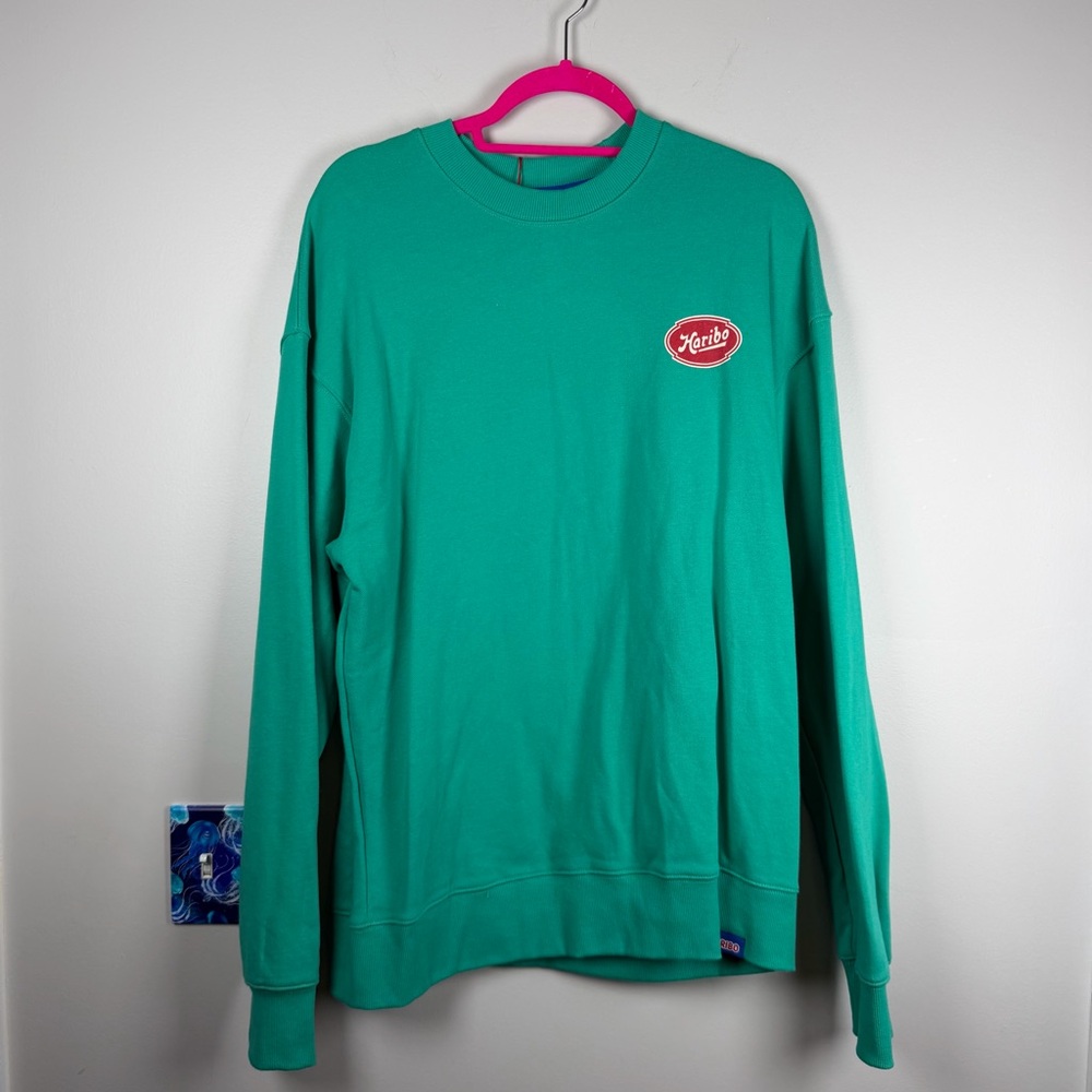 NWT Haribo Peopulley Teal Korea Graphic Spellout Pullover Sweatshirt Size Large